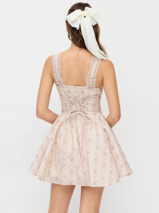 Cotton Floral Stripe Square Neck Lace Trim Bowknot Flared Mini Dress