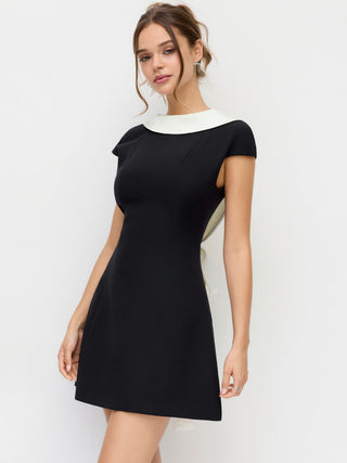 Colorblock Boat Neck Backless Bowknot A-line Mini Dress