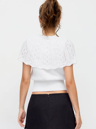 Knit Pointelle Bowknot Cape Detail Short Sleeve Top