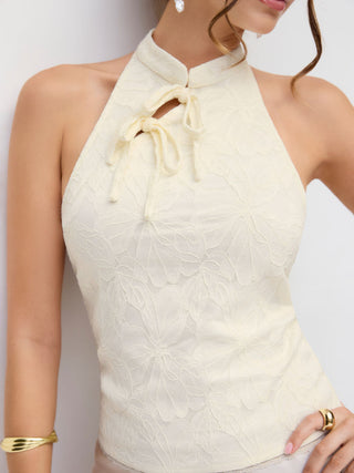 Jacquard Floral Lace Halter Neckline Bowknot Tank Top