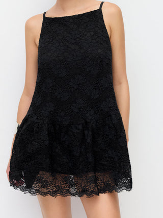 Cotton-blend Lace Boat Neck A-line Ruffle Hem Mini Dress