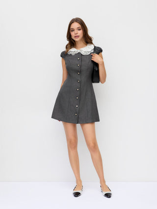 Lace Peter Pan Collar Puff Sleeve Metal Detail A-line Mini Dress
