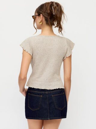 Knit Linen-blend Ruffle Sleeve Lettuce Trim Oversized Top