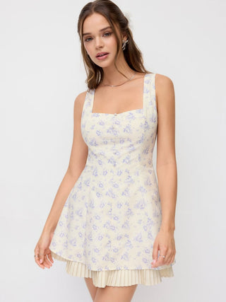 Cotton-blend Floral Sweetheart Neck Pleated A-line Mini Dress