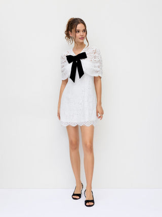 Cotton-blend Lace V-neck Bowknot A-line Mini Dress