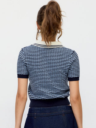 Knit Stripes Polo Neck Colorblock Short Sleeve Top