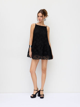 Cotton-blend Lace Boat Neck A-line Ruffle Hem Mini Dress