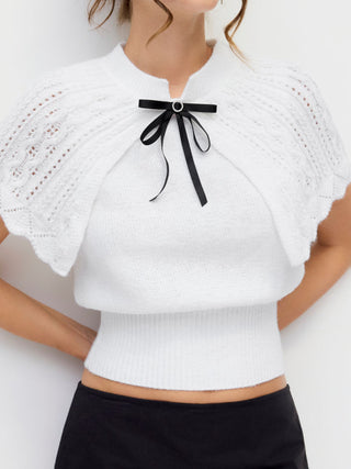 Knit Pointelle Bowknot Cape Detail Short Sleeve Top