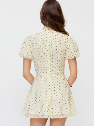 Chiffon Polka Dot Stand Collar Puff Sleeve A-line Mini Dress