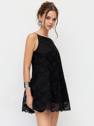 Cotton-blend Lace Boat Neck A-line Ruffle Hem Mini Dress