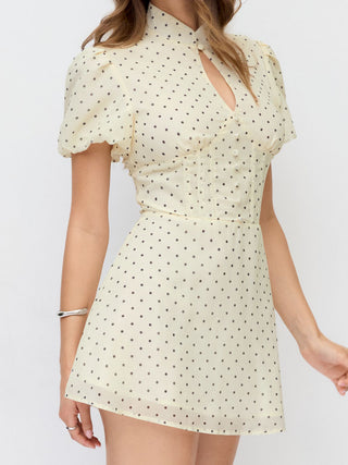 Chiffon Polka Dot Stand Collar Puff Sleeve A-line Mini Dress