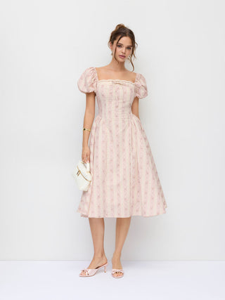 Cotton Floral Puff Sleeve Lace Trim Bowknot Flared Maxi Dress
