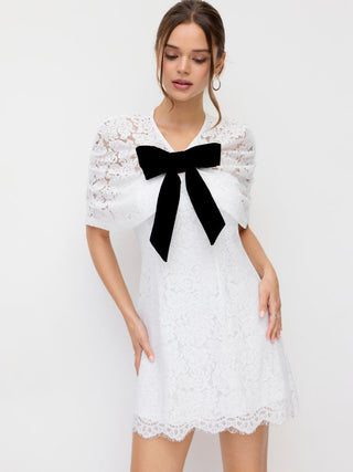 Cotton-blend Lace V-neck Bowknot A-line Mini Dress