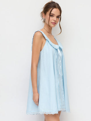 Cotton-blend Scoop Neck Bowknot Oversized Babydoll Mini Dress