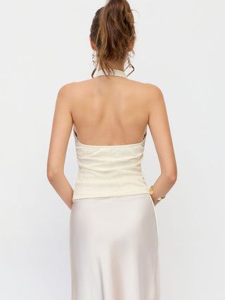 Jacquard Floral Lace Halter Neckline Bowknot Tank Top