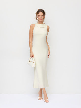 Satin Boat Neck Backless Bowknot Mermaid Maxi Dress