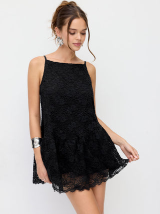 Cotton-blend Lace Boat Neck A-line Ruffle Hem Mini Dress