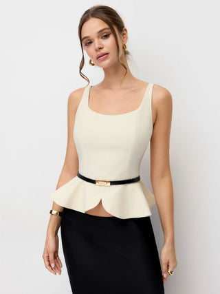 Scoop Neck Ruffled Peplum Tank Top With Belt
