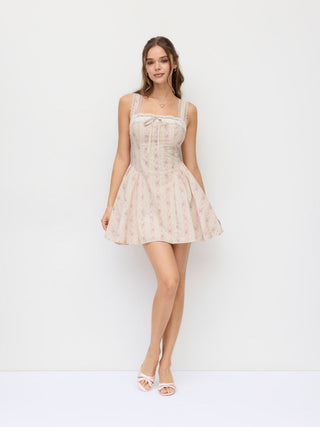 Cotton Floral Stripe Square Neck Lace Trim Bowknot Flared Mini Dress