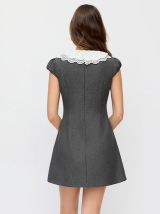 Lace Peter Pan Collar Puff Sleeve Metal Detail A-line Mini Dress