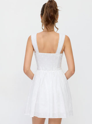 Cotton Broderie Anglaise Sweetheart Ruched Flared Mini Dress
