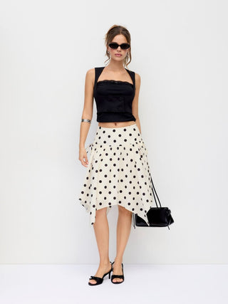 Mid Rise Polka Dot Twist Knotted Hanky Hem Midi Skirt