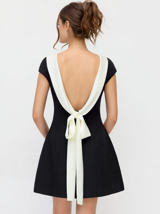 Colorblock Boat Neck Backless Bowknot A-line Mini Dress