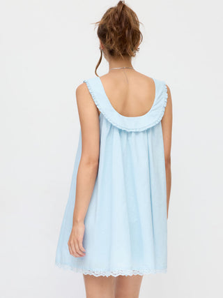 Cotton-blend Scoop Neck Bowknot Oversized Babydoll Mini Dress