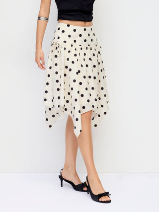 Mid Rise Polka Dot Twist Knotted Hanky Hem Midi Skirt
