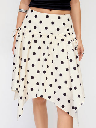 Mid Rise Polka Dot Twist Knotted Hanky Hem Midi Skirt