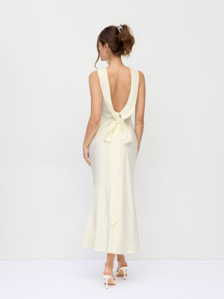 Satin Boat Neck Backless Bowknot Mermaid Maxi Dress
