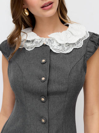 Lace Peter Pan Collar Puff Sleeve Metal Detail A-line Mini Dress