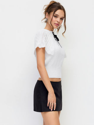 Knit Pointelle Bowknot Cape Detail Short Sleeve Top