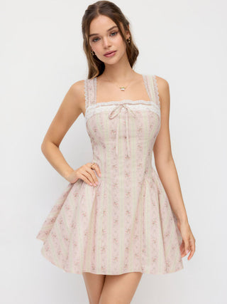 Cotton Floral Stripe Square Neck Lace Trim Bowknot Flared Mini Dress