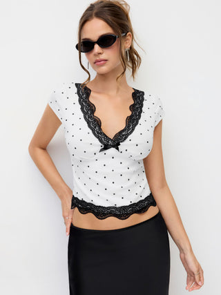 Cotton-blend Polka Dot V-neck Short Sleeve Lace Trim Bowknot Top