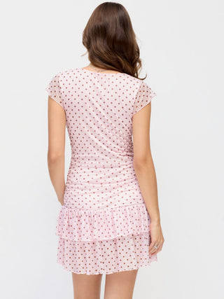 Mesh Polka Dot V-neck Ruched Tiered Short Sleeve Mini Dress