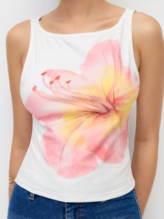 Cotton-blend Floral Graphic Rhinestone Detail Tank Top