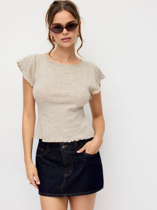 Knit Linen-blend Ruffle Sleeve Lettuce Trim Oversized Top