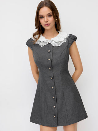 Lace Peter Pan Collar Puff Sleeve Metal Detail A-line Mini Dress