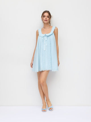 Cotton-blend Scoop Neck Bowknot Oversized Babydoll Mini Dress