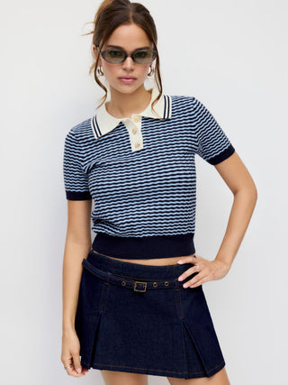 Knit Stripes Polo Neck Colorblock Short Sleeve Top