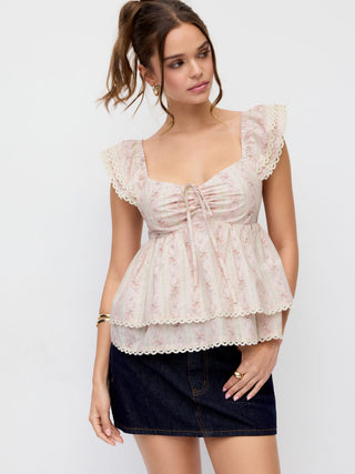 Cotton Floral Graphic Sweetheart Neck Lace Trim Ruffle Sleeve Oversized Blouse