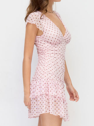 Mesh Polka Dot V-neck Ruched Tiered Short Sleeve Mini Dress