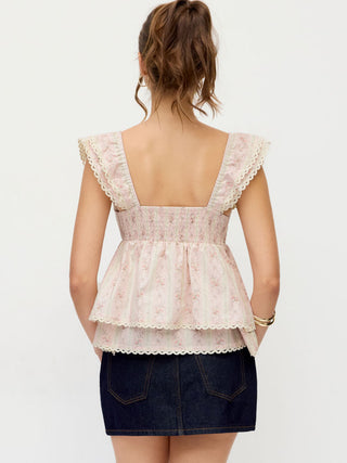 Cotton Floral Graphic Sweetheart Neck Lace Trim Ruffle Sleeve Oversized Blouse