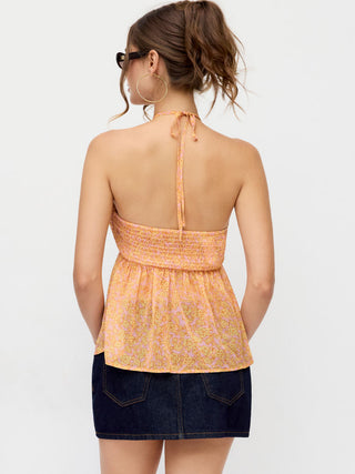 Floral Halter Neckline Ruched Cut Out Crop Blouse