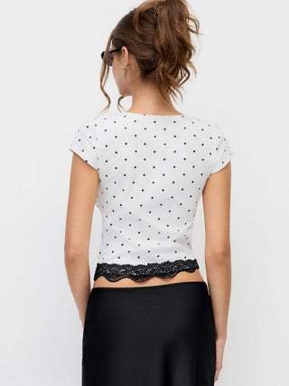 Cotton-blend Polka Dot V-neck Short Sleeve Lace Trim Bowknot Top