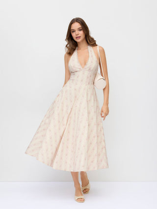 Halter Neckline Floral Lace Up Backless Maxi Dress