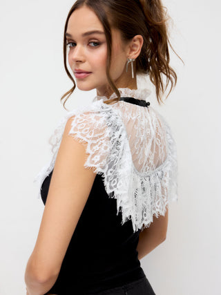 Stand Collar Contrast Lace Panel Bowknot Slim Tank Top