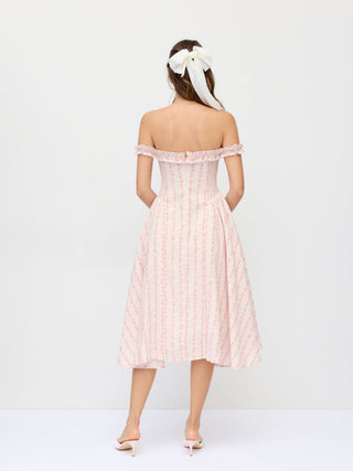 Floral Off-shoulder Ruffle Sleeve Bowknot Flared Midi Dress