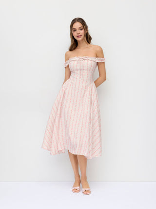 Floral Off-shoulder Ruffle Sleeve Bowknot Flared Midi Dress